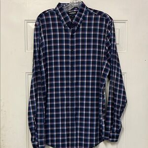 (🙈2 For $20)Express Men's Navy and Pink Checkered Shirt Large Slim Fit